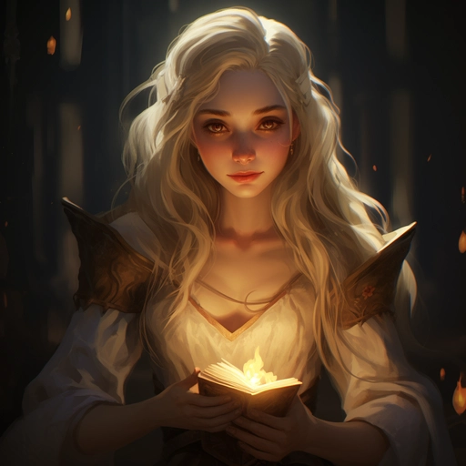 A woman wizard holding an small book and looking to camera, she is a roleplay character.